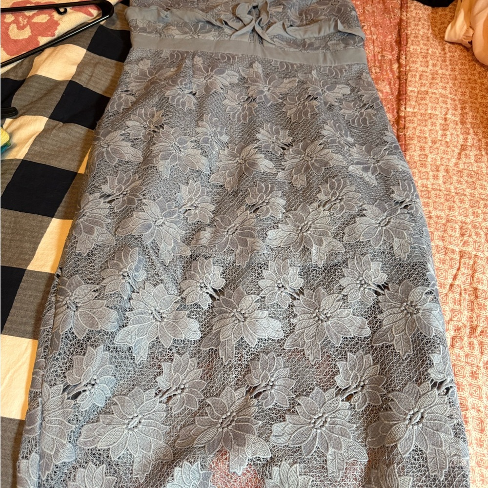 Bardot Blue Gray Lace Pencil Midi Dress